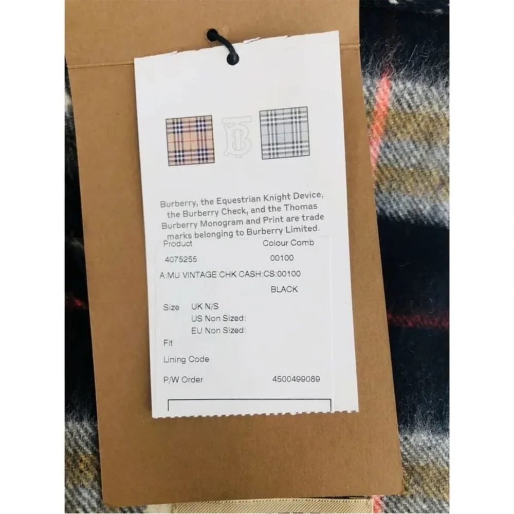 Burberry Cashmere Vintage Check Black Striped Logo Fringed Scarf